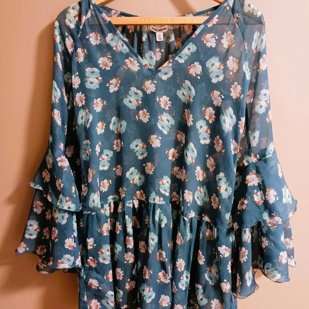 *CLEARANCE* S - M Boho BILLABONG Floral Chiffon breezy Long Sleeve summer dress - Picture 4 of 8